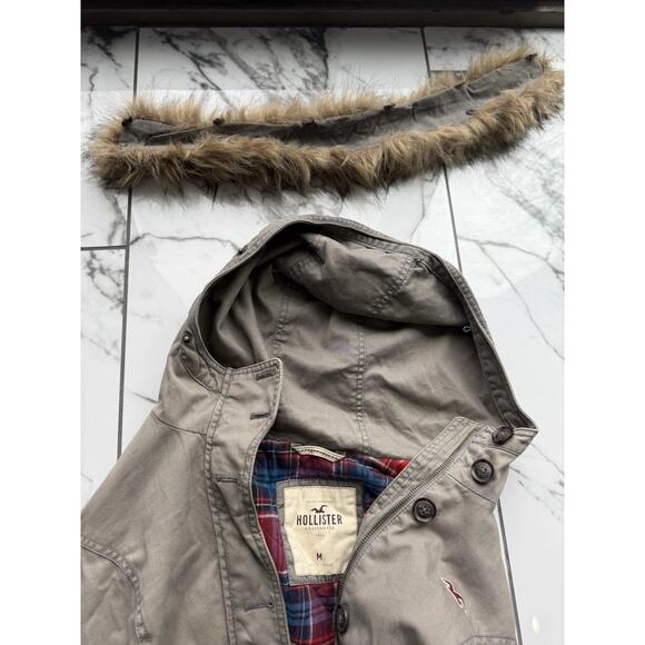 VTG HOLLISTER GRAIL Y2K Olive Bomber Flannel Lined Detachable Fur Trim Hoodie - Picture 8 of 16